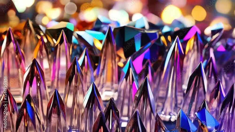 Poster abstract background featuring iridescent crystal formations with sharp edges, reflective surfaces, a