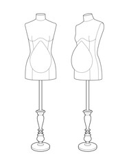 Vector outline of pregnant dress forms for maternity clothing design. Female mannequins for tailoring and sewing maternity wear. Black line art on white background.