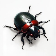 Detailed close-up of a beetle, showcasing a glossy dark body with vibrant red head and pronotum.  Its segmented legs and antennae are visible.  High-quality digital illustration