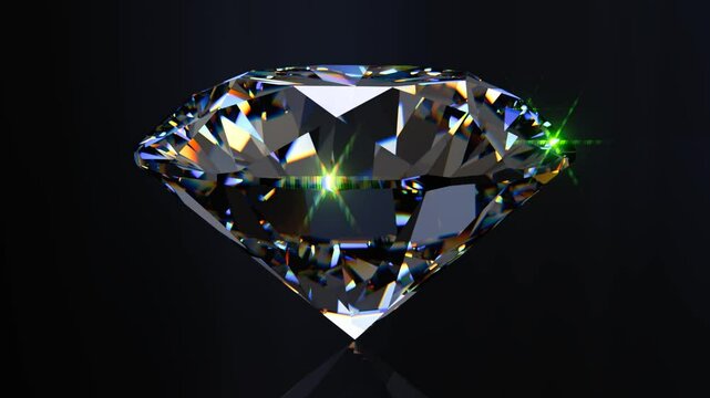 Round brilliant cut diamond rotating on black background. Seamless loop 3D animation