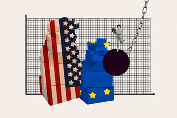 Full 3d poster art collage of happy businesswoman run europe china flag embargo problem carry...