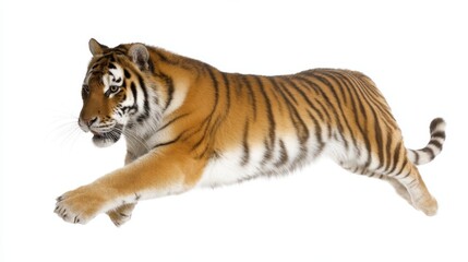 Fototapeta premium A stunning tiger leaps gracefully across a white background. This wildlife image captures the power and elegance of the animal. Perfect for nature lovers and wildlife enthusiasts. AI