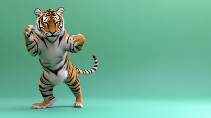 A playful tiger character dancing joyfully against a vibrant green background