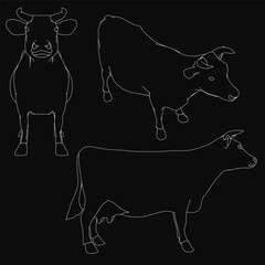 Three black and white cows stand out against a dark background with crisp white outlines. The high-contrast silhouette effect creates a striking visual. Minimalist style enhances the bold shapes.