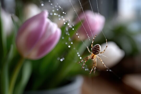 An enchanting capture of a spider delicately suspended in its intricate web with tulips in the background, emphasizing the connection between beauty and nature's lifecycle.