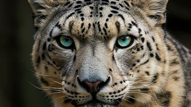 Stunning Close-Up of Snow Leopard's Face with Intense Green Eyes and Detailed Fur Pattern