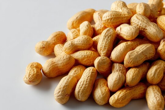 A pile of whole peanuts in their shells rests on a plain white surface brightly lit and casting soft shadows
