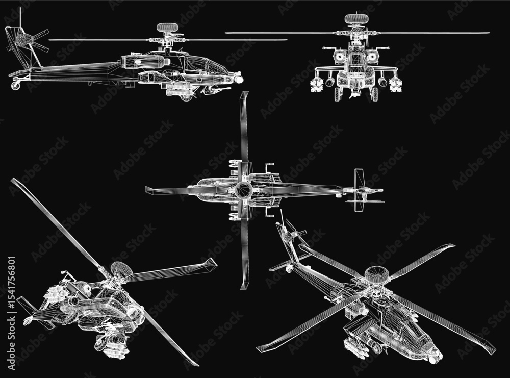 Poster a 3d model blueprint of a combat helicopter on a black background, showcasing detailed technical spe