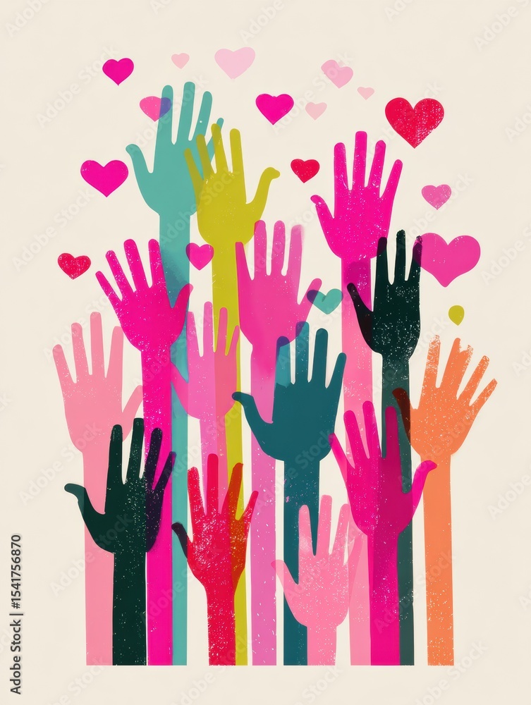 Poster support network filled with hands and hearts representing unity and connection among diverse communi