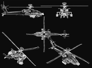 A 3D model blueprint of a combat helicopter on a black background, showcasing detailed technical specifications and design features. The illustration highlights rotor mechanics, weapon systems.