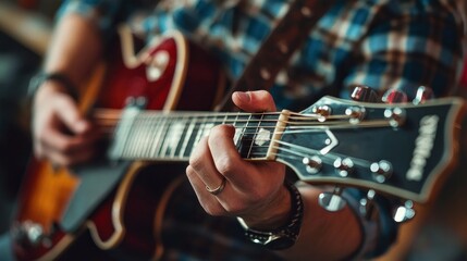 Fototapeta premium A music enthusiast testing a guitar in a local guitar shop