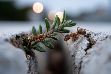 Two ants interacting on a small green plant growing through a crack in concrete, showcasing the resilience of nature amidst urban surroundings.