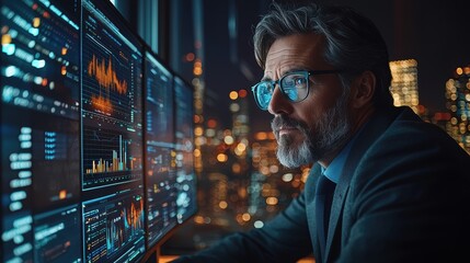 Focused professional analyzes stock market trends and business analytics displayed across a wall of illuminated monitors within a high tech control room