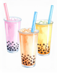 watercolor bubble tea with ice isolated on a white background