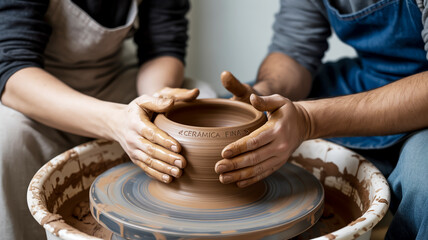 A close-up photograph of hands working clay on a pottery wheel.