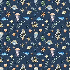 seamless pattern with seashells, starfishes, jellyfish, seaweed, fish, corals on a navy background