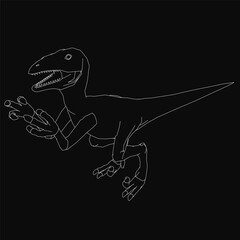 A detailed black and white drawing of a velociraptor with sharp teeth, alert eyes, and a long slender tail, set against a dark background. The lifelike dinosaur features textured scales and an open.