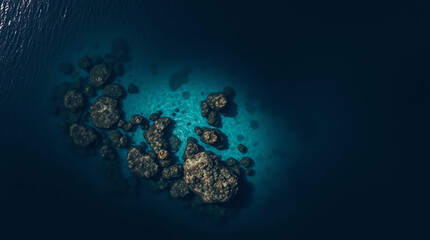 Aerial View of Dark Blue Ocean with Rocky Outcrop