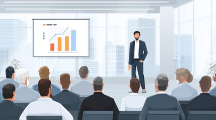 Confident business professional giving a presentation in a modern office, standing near a screen with charts and graphs