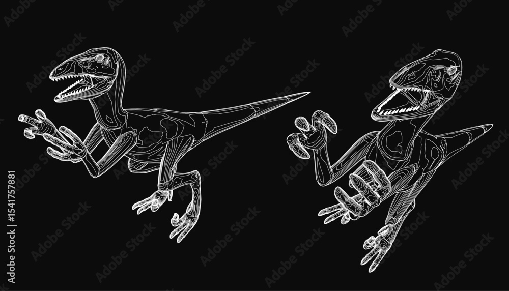Poster two velociraptor dinosaurs sketched in black and white with intricate details like sharp teeth and l