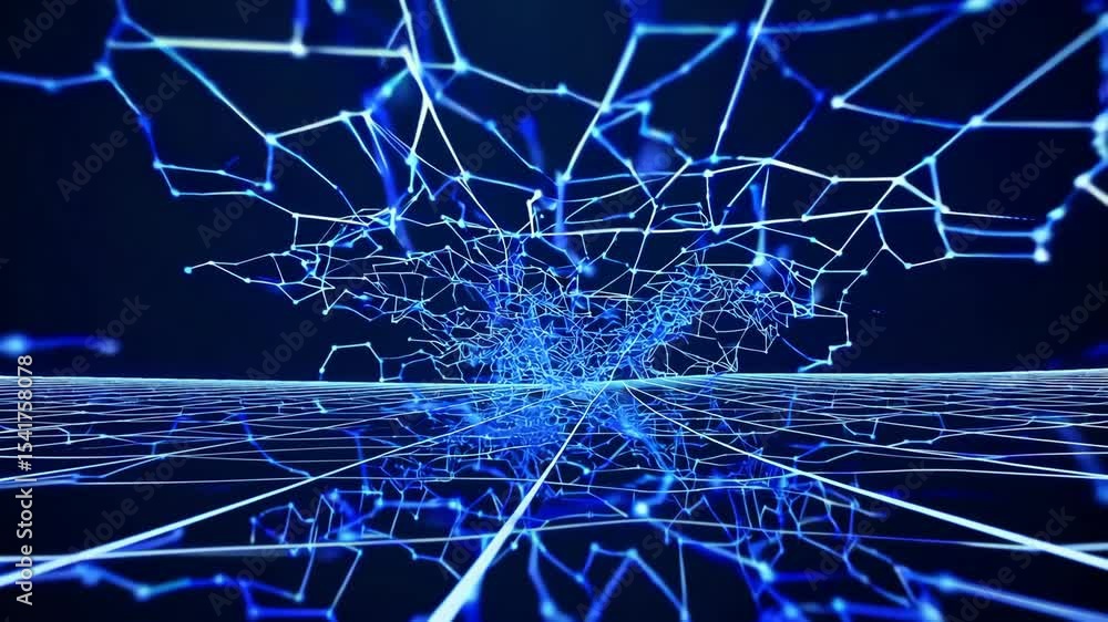 Poster abstract dark blue digital background with sparkling blue light particles and areas with deep depths
