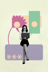 Image vertical photo pop collage of happy girl guy send receive message notification speech chat...
