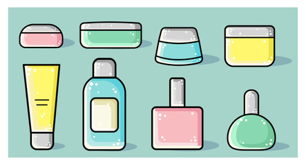 Set of different vector cute bottle of perfume, body cream, lotion isolated. Beauty product illustration for makeup or skincare 