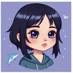 Young girl with short black hair in hoodie against purple background  