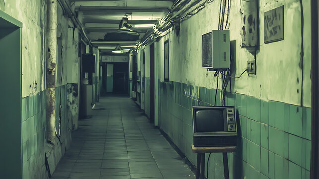 Old analog television showing static in deserted hospital corridor