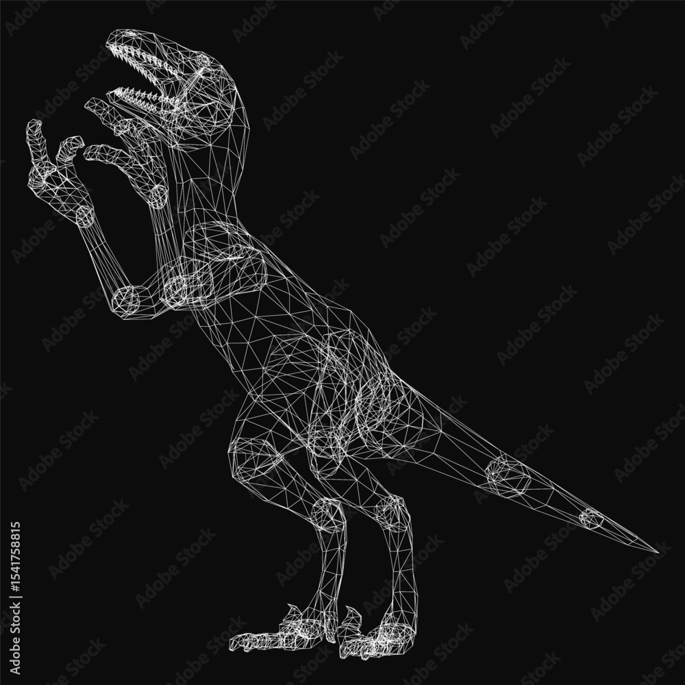 Poster a fierce t-rex dinosaur in 3d wireframe form, roaring with its mouth wide open against a dark backgr