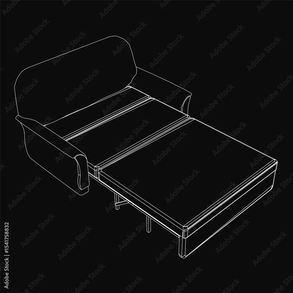 Poster sleek 3d model of a folding sofa bed with a pull-out bed underneath, outlined in black for a modern 