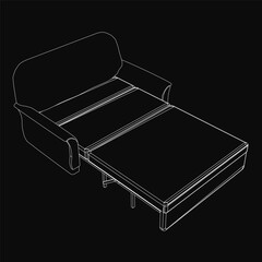 Sleek 3D model of a folding sofa bed with a pull-out bed underneath, outlined in black for a modern aesthetic. The minimalist design features clean lines and a functional dual-purpose structure.