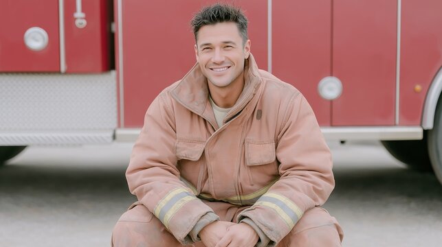 A firefighter in dusty gear smiles while sitting in front of a red fire truck, conveying resilience, professionalism and service. Emergency services, firefighting awareness and uniformed portrait - Powered by Adobe