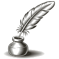 Vintage Feather Quill and Ink Pot – Hand-Drawn Black and White Illustration