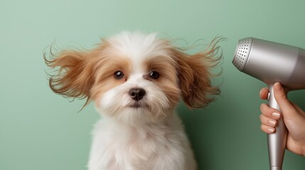 A small dog with fluffy white and tan fur being groomed with a hair dryer, ears playfully blown back. The setup is humorous and clean, ideal for pet grooming concepts and advertising for salons