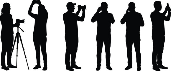 Photographer silhouette, camera tripod, mobile shooting, people with smartphone, photography action, black vector illustration, capturing moment, creative pose set