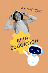 Vertical poster pop collage of happy nerd preteen schoolboy hold book stand artificial intelligence...