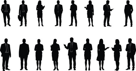 Business people silhouette, professional pose, men and women, corporate team, standing and talking, black vector design, office posture art