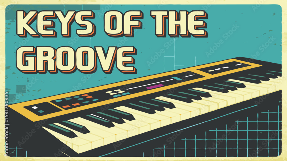Aufkleber illustration of a keyboard instrument with the text keys of the groove on a textured background