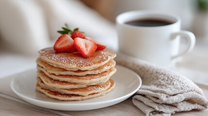 A fresh stack of golden pancakes topped with sliced strawberries and powdered sugar sits beside a cup of black coffee, creating a warm and inviting breakfast scene. food, lifestyle, hospitality theme