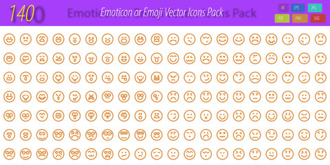 140 Emoji Emotional Vector Icon Set | Expressive Faces & Mood Symbols for UI & Messaging

