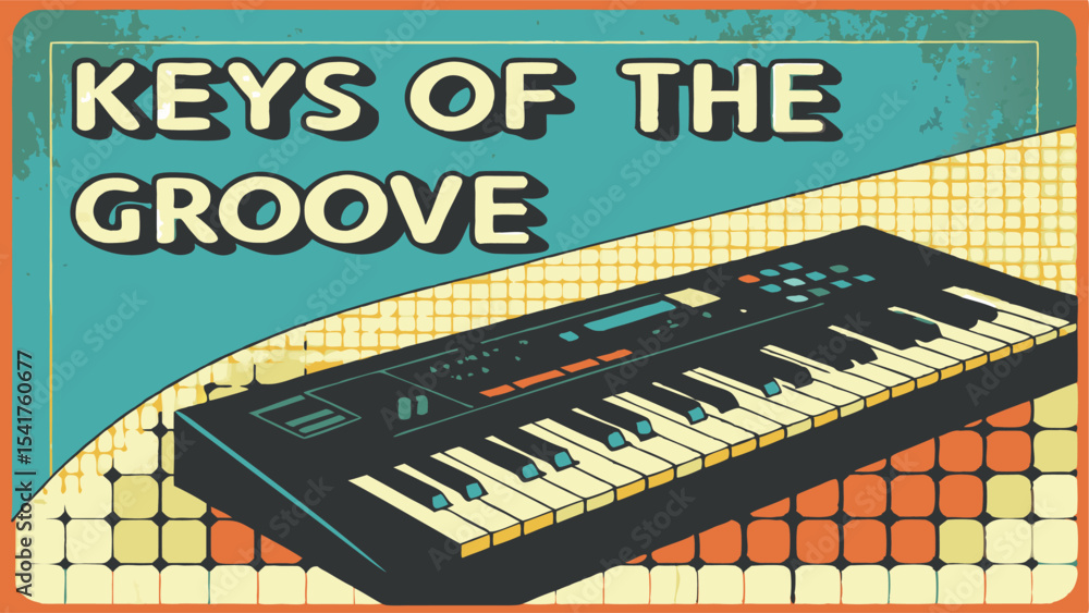 Poster vintage keys of the groove poster featuring a synthesizer and retro design elements in a square form
