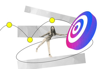Full image sketch 3d collage poster of happy businesswoman stand target development career progress...