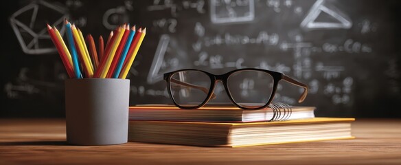 The colorful pencils and glasses on stacked books against a chalkboard backdrop.