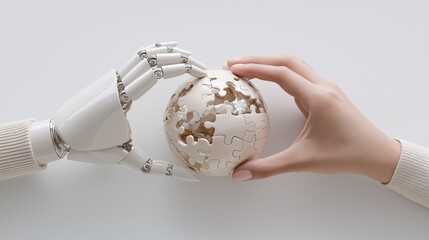 Metallic robotic hands gently hold a mechanical globe with cutout continents. A symbolic image of technology shaping the world’s future