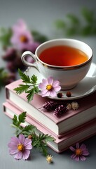 A cup of tea on books, flowers