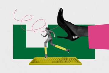 Trend artwork sketch montage 3D collage of hr recruitment worker office hiring young man run long legs keypad shoes pressure high heels