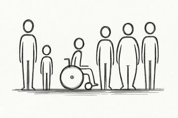 Sketch of diverse individuals including a child, a person in a wheelchair, and various body types representing inclusion