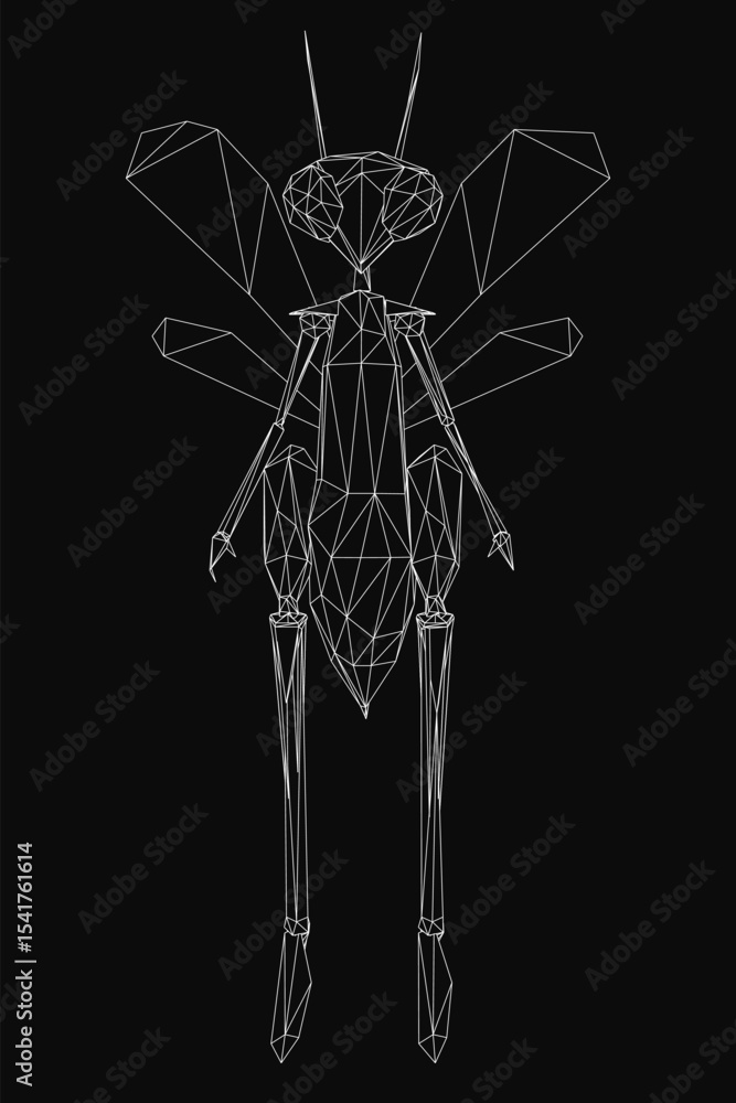 Poster a humanoid dragonfly with geometric patterns, resembling a bee, stands out against a stark black bac