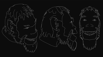 Three Neanderthal men with distinct facial expressions stand in a black and white sketch, showcasing raw emotions and primitive features. The dark background enhances their rugged, ancient.